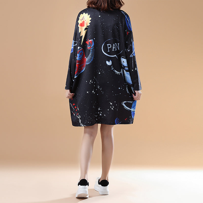 Cartoon-Print 2024 Herbst schwarze Baumwolle Freizeitkleider Plus Size Langarm Mode Etuikleid