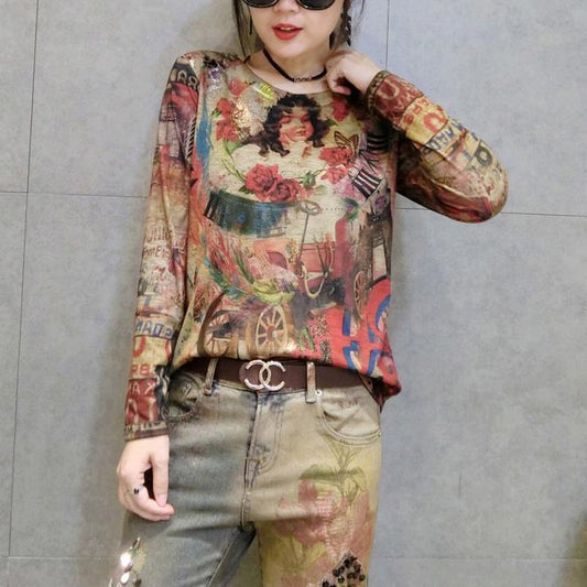 Cartoon-Print Damen neues Baumwoll-T-Shirt Oversize wilde Langarmshirts gemütlich Herbst 2024