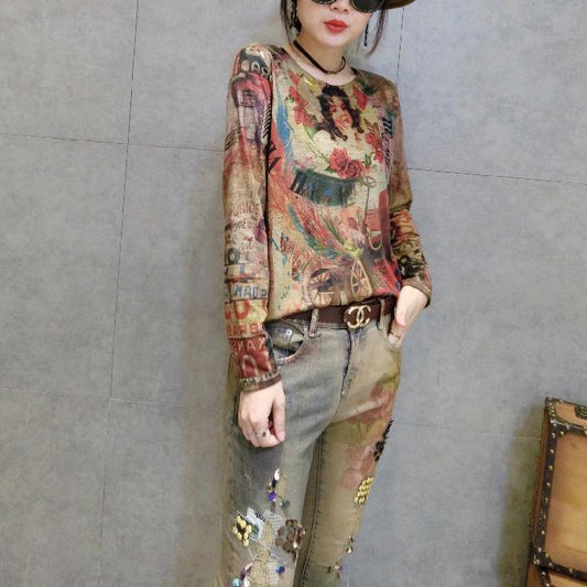 Cartoon-Print Damen neues Baumwoll-T-Shirt Oversize wilde Langarmshirts gemütlich Herbst 2024