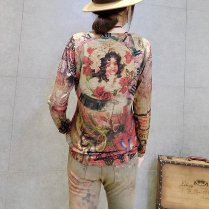 Cartoon-Print Damen neues Baumwoll-T-Shirt Oversize wilde Langarmshirts gemütlich Herbst 2024