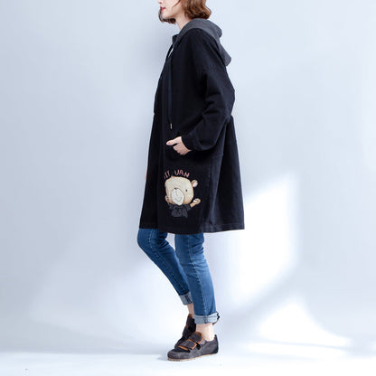 Trenchcoats aus schwarzer Baumwolle mit Cartoon-Print in Übergröße, lässige, dick geschnittene Strickjacken