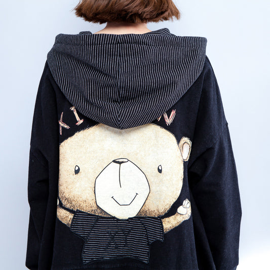 Trenchcoats aus schwarzer Baumwolle mit Cartoon-Print in Übergröße, lässige, dick geschnittene Strickjacken