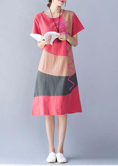 casual cotton linen o neck khaki short sleeve dresses summer - SooLinen