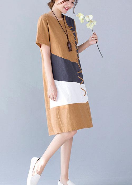 casual cotton linen o neck khaki short sleeve dresses summer - SooLinen