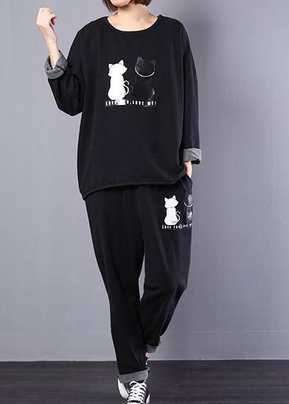 casual vintage cotton cats prints two pieces o neck long sleeve tops and elastic waist drawstring pants - SooLinen