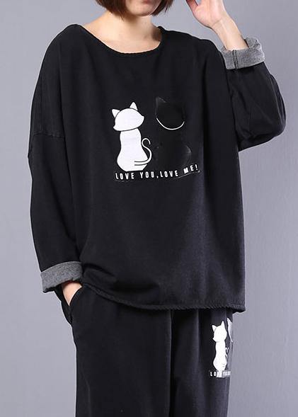 casual vintage cotton cats prints two pieces o neck long sleeve tops and elastic waist drawstring pants - SooLinen