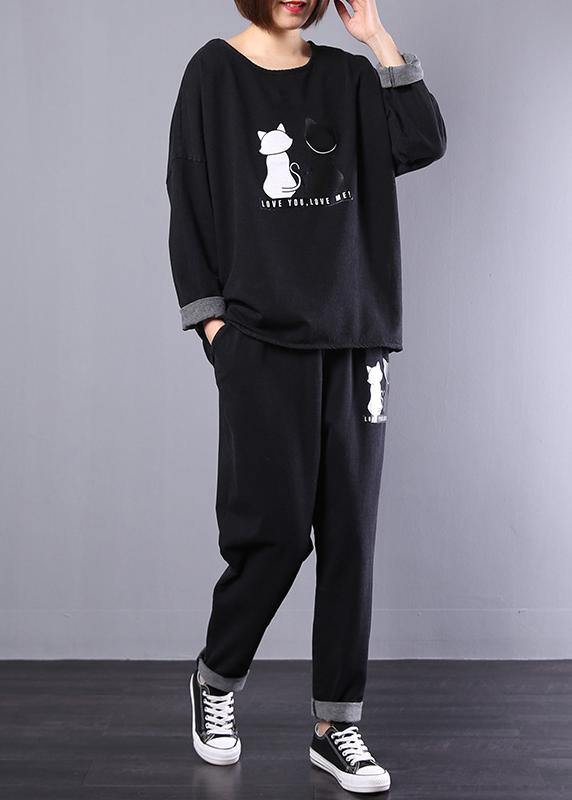 casual vintage cotton cats prints two pieces o neck long sleeve tops and elastic waist drawstring pants - SooLinen