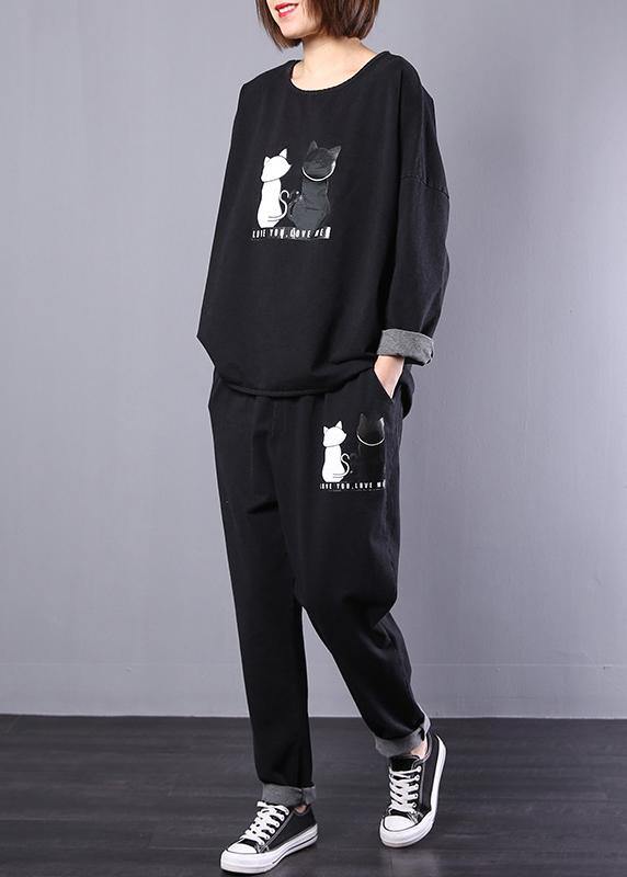 casual vintage cotton cats prints two pieces o neck long sleeve tops and elastic waist drawstring pants - SooLinen