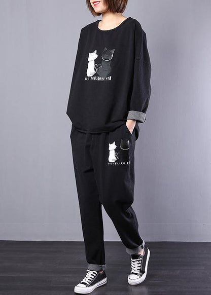 casual vintage cotton cats prints two pieces o neck long sleeve tops and elastic waist drawstring pants - SooLinen