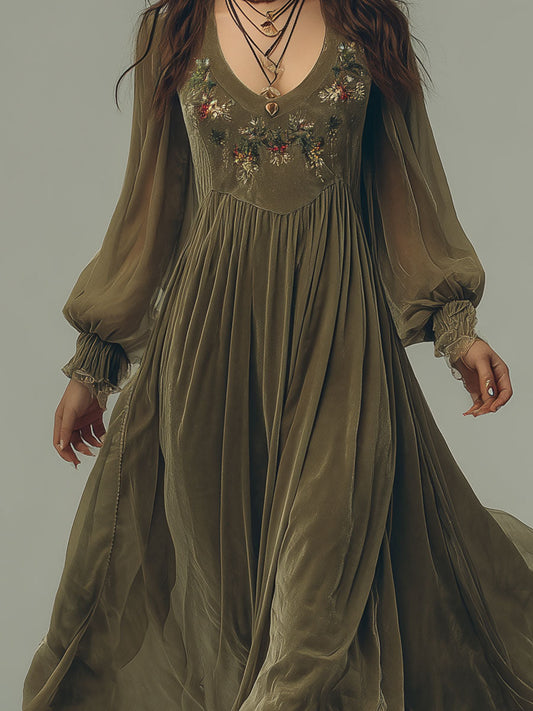 Retro Lantern Sleeve Embroidered Chiffon Maxi Dress