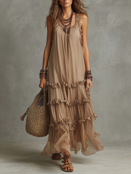 Boho Vintage Taupe Ruffle Tiered Maxi Dress