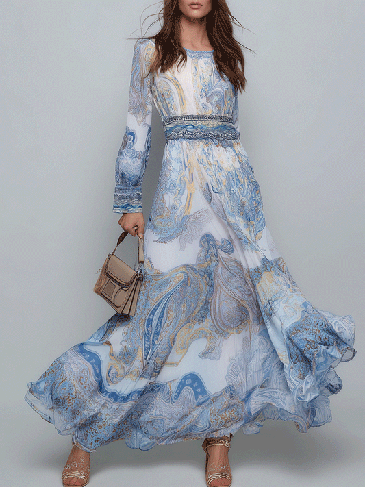 Bohemian Elegant Soft Blue Paisley Maxi Dress