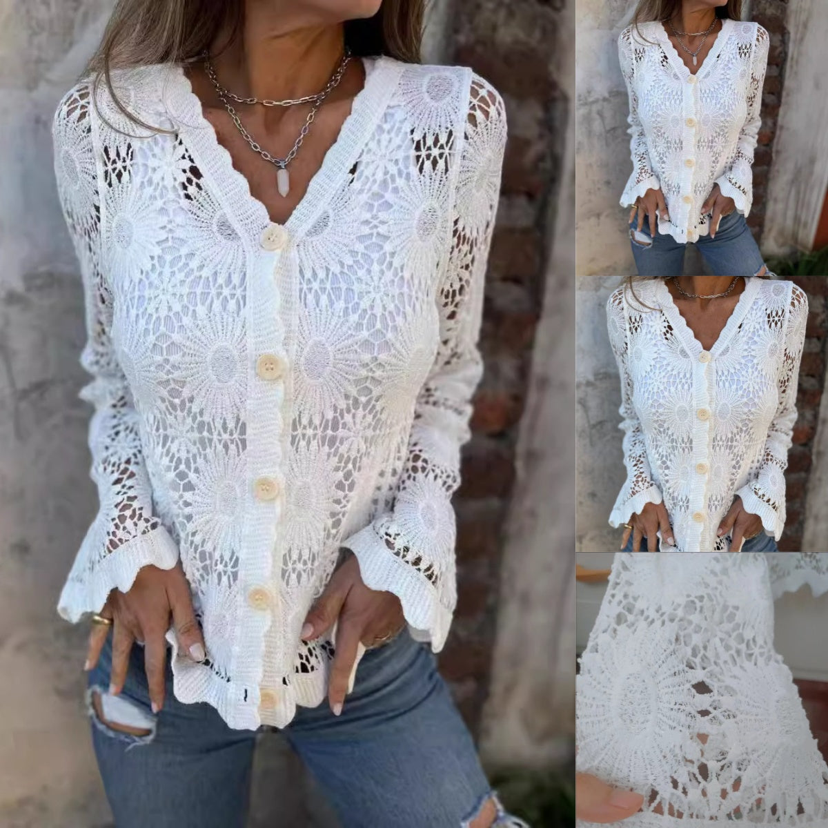 Women's Lace V-Neck Long Sleeve Top