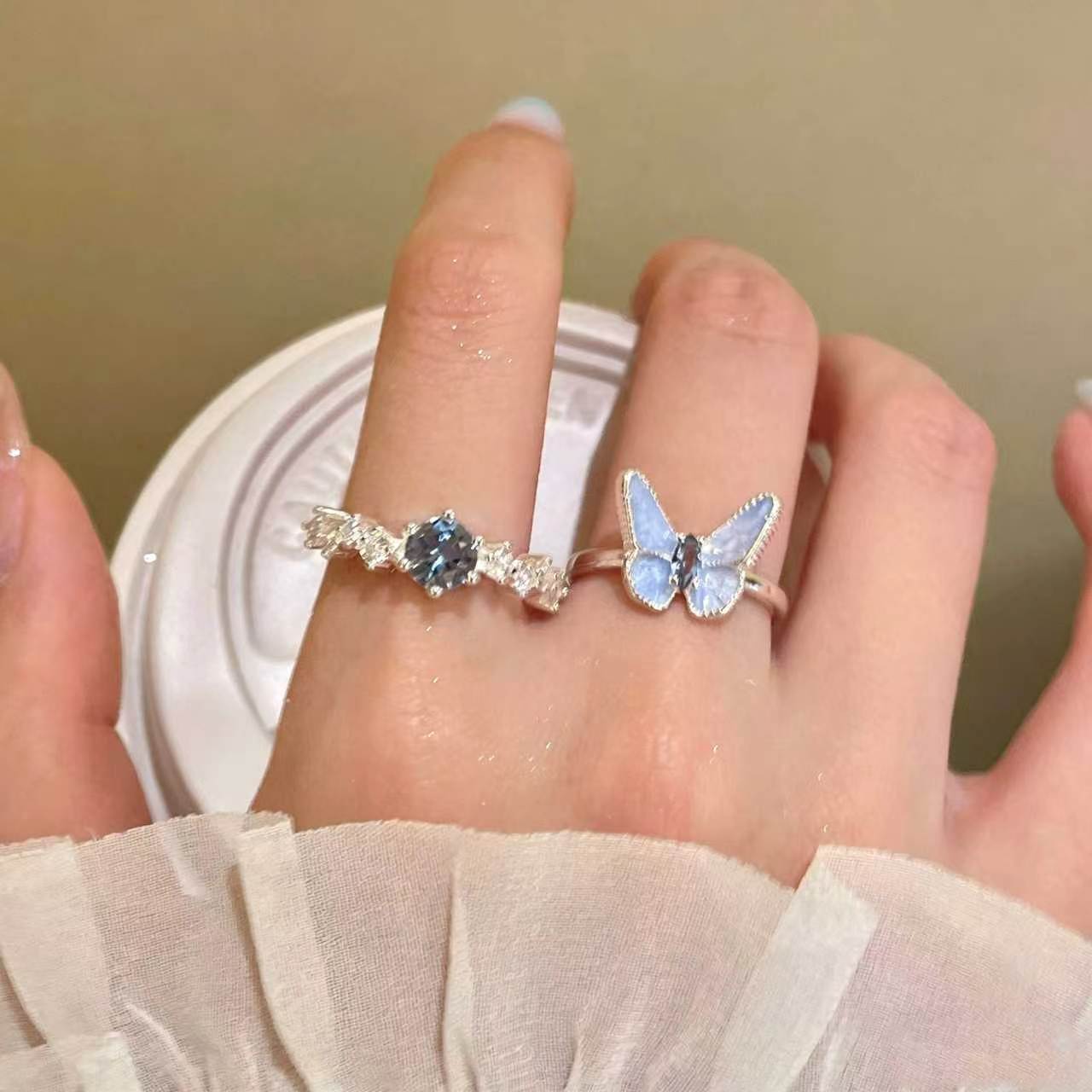 Cute Blue Copper Zircon Butterfly Rings Two-Piece Set