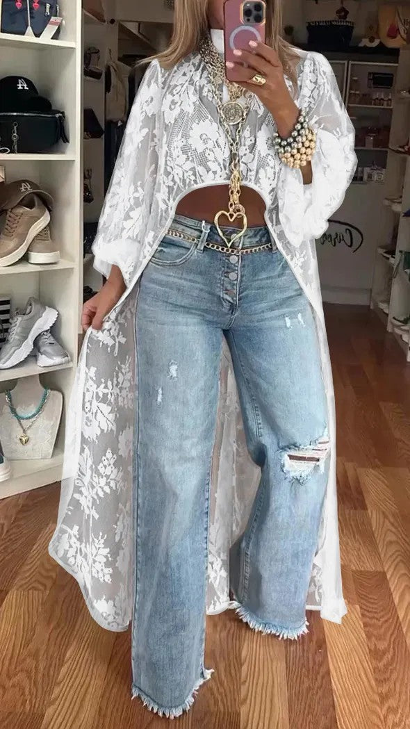 Lace Pattern Mock Neck Balloon Sleeve High Low Maxi Top