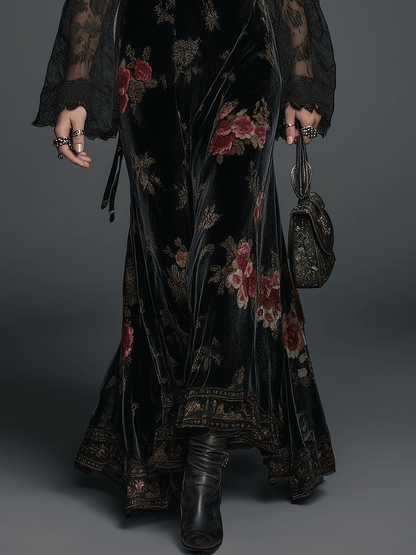 Vintage Black Velvet Floral Lace Sleeve Maxi Dress