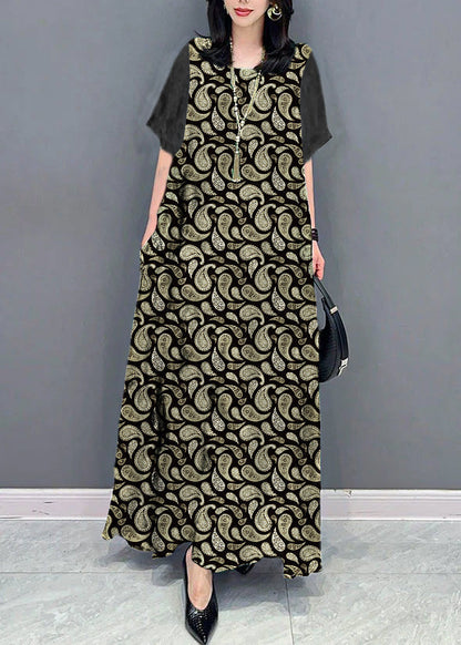 Bohemian schwarz cashew nüsse O Neck Taschen Drucken Patchwork Seide Lange Kleider Sommer