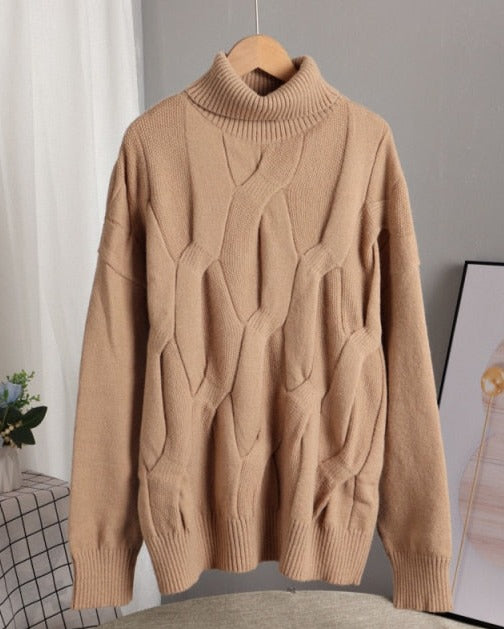 High-Neck 3D Cable-Knit Oversized Sweater