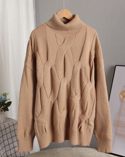 High-Neck 3D Cable-Knit Oversized Sweater