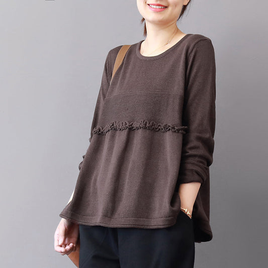 klobiger schokoladenbrauner Winterpullover in Übergröße, Patchwork-Strickblusen, lässiges Rüschenoberteil