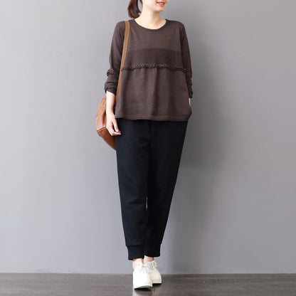 klobiger schokoladenbrauner Winterpullover in Übergröße, Patchwork-Strickblusen, lässiges Rüschenoberteil