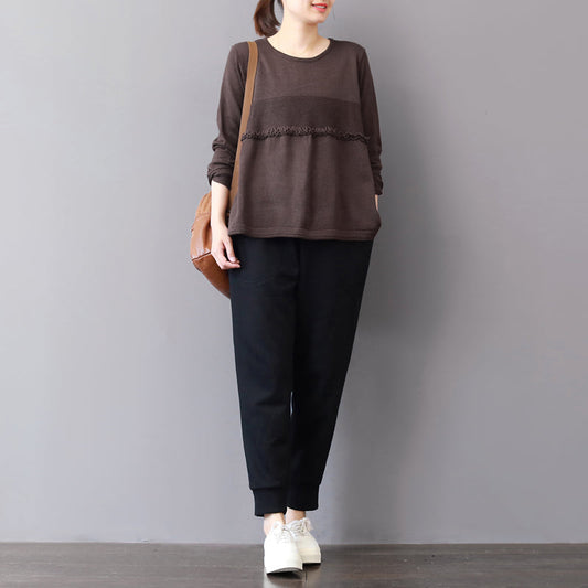 klobiger schokoladenbrauner Winterpullover in Übergröße, Patchwork-Strickblusen, lässiges Rüschenoberteil