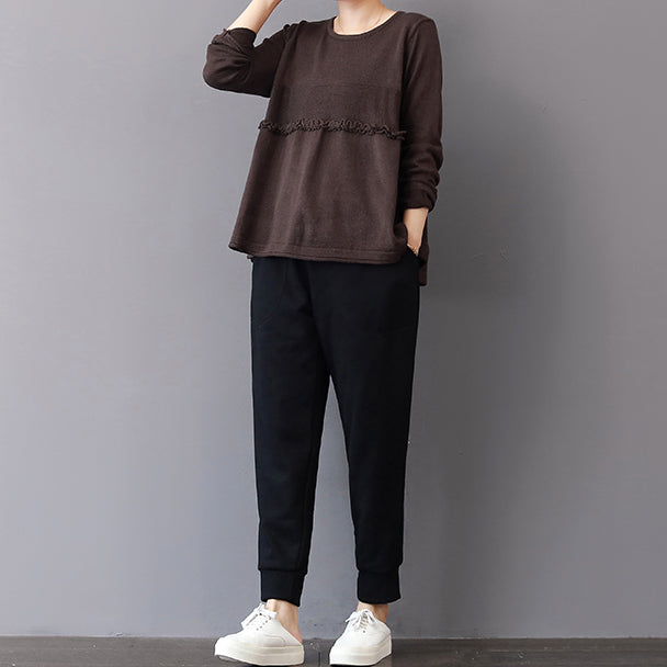 klobiger schokoladenbrauner Winterpullover in Übergröße, Patchwork-Strickblusen, lässiges Rüschenoberteil