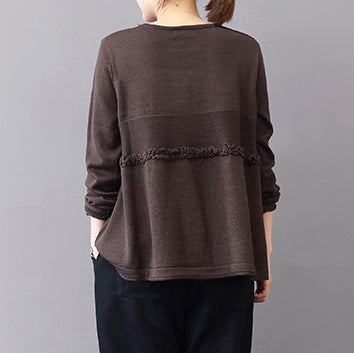 klobiger schokoladenbrauner Winterpullover in Übergröße, Patchwork-Strickblusen, lässiges Rüschenoberteil