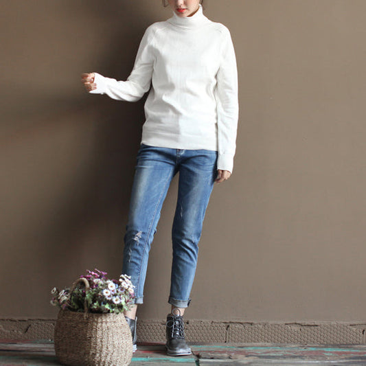 klobigen weißen Pullover Plus Größe gestrickte Blusen Boutique High Neck Top wild