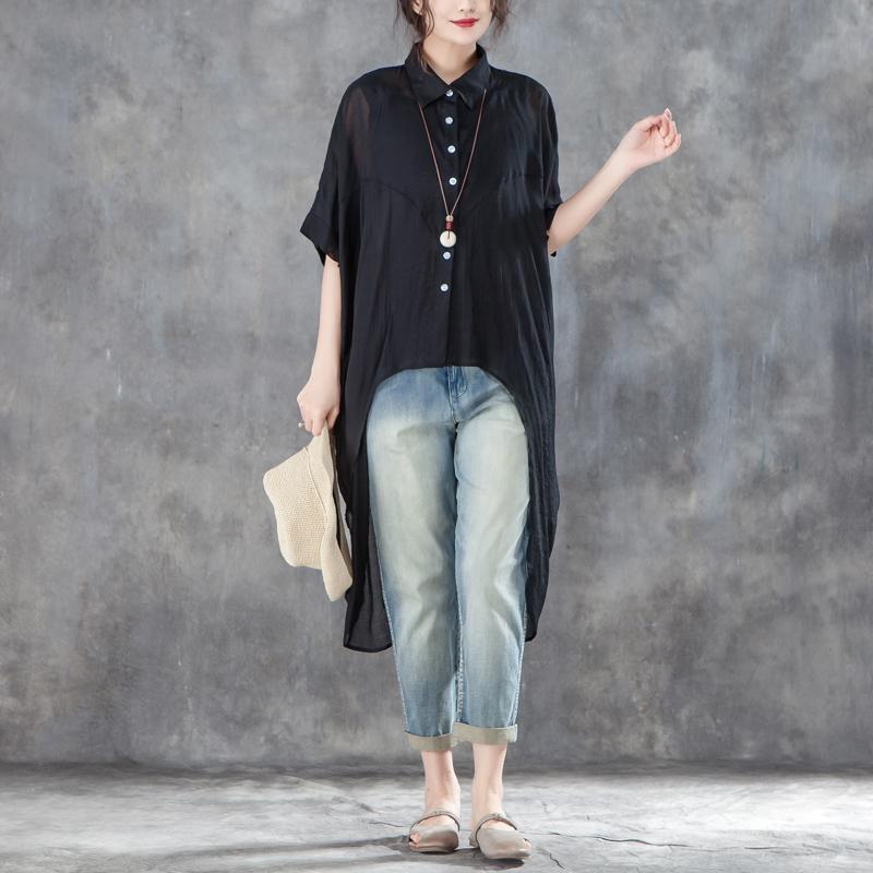 Baumwolle, Polyester, elegantes Sommer-T-Shirt, übergroß, einreihig, kurzärmelig, locker, unregelmäßig, schwarze Bluse