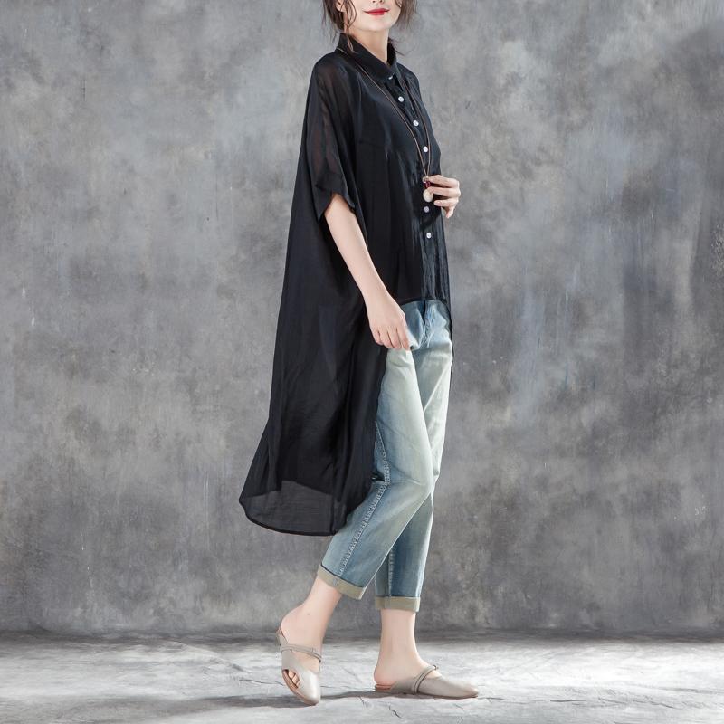 Baumwolle, Polyester, elegantes Sommer-T-Shirt, übergroß, einreihig, kurzärmelig, locker, unregelmäßig, schwarze Bluse