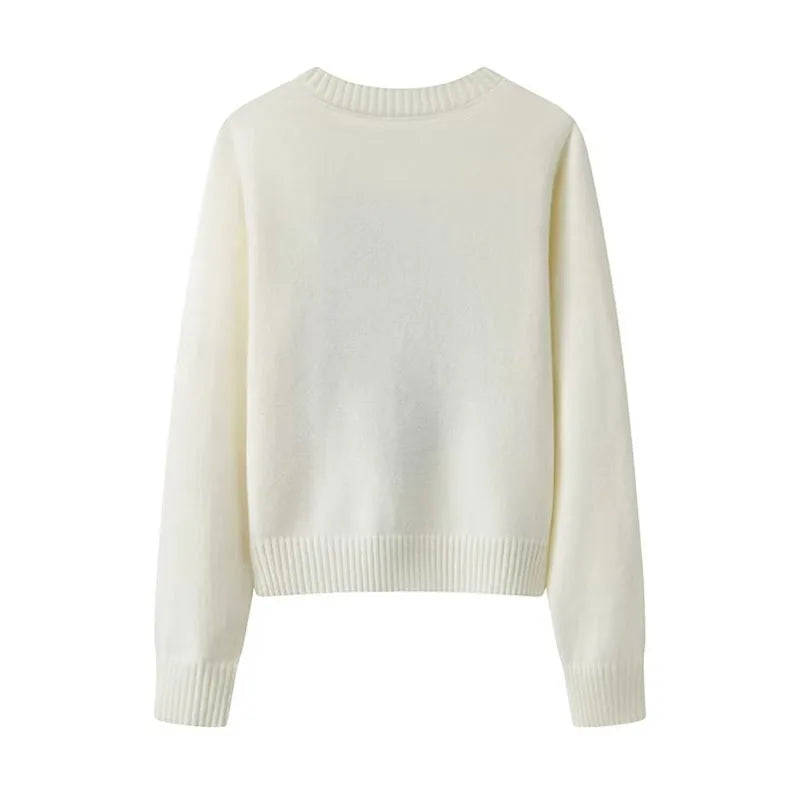 Milky White Two-Piece Style Striped Collar Bear Embroidered Preppy Knit Sweater