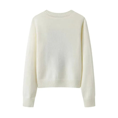 Milky White Two-Piece Style Striped Collar Bear Embroidered Preppy Knit Sweater