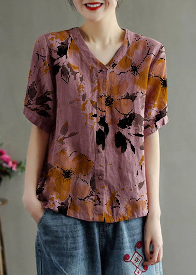 Loose Pink V Neck Embroidered Floral Summer Linen Shirt
