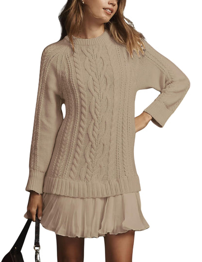 Women Crewneck Cable Knit Sweater Mini Dress