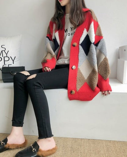 Contrast-Color Diamond-Quilted Oversized Knit Cardigan