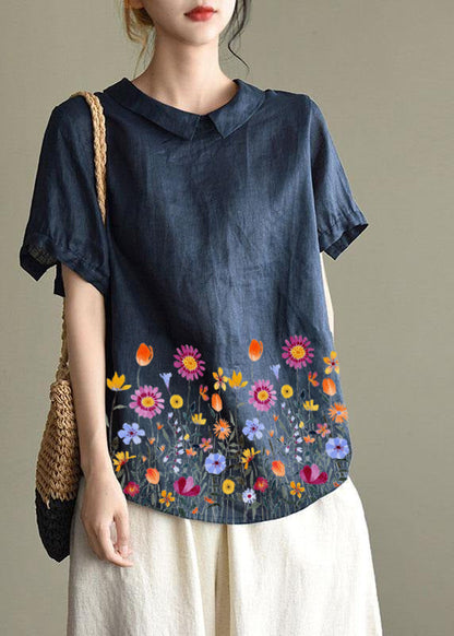 Einfache rosa Peter-Pan-Kragen Patchwork Sommer Leinenblusen