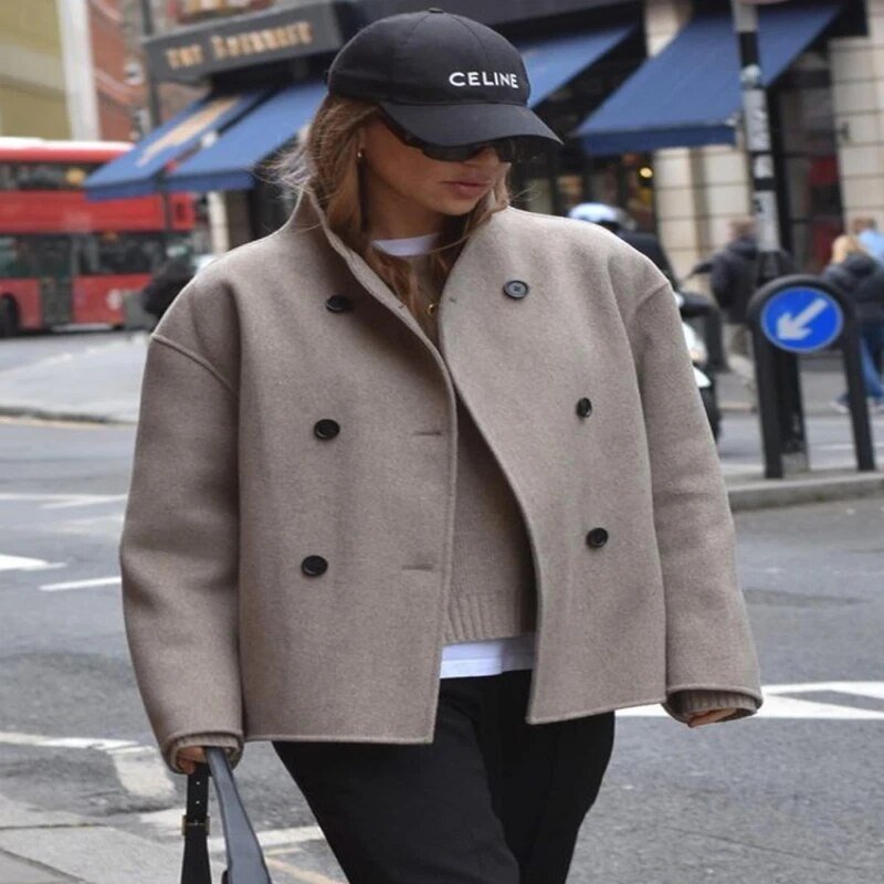 Stand-collar double-breasted loose-fit cropped casual jacket