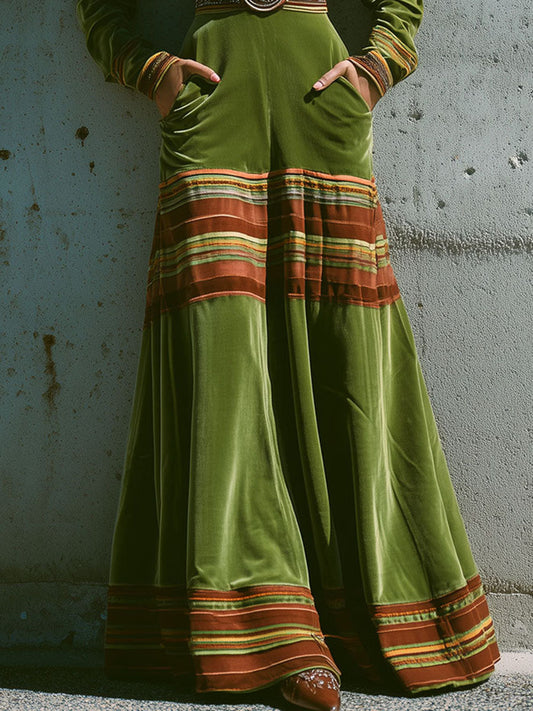 Boho Olive Green Velvet Striped Hem Maxi Dress