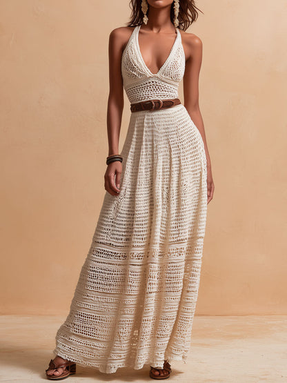Boho Chic Ivory Crochet Halter Maxi Dress With Waist Belt