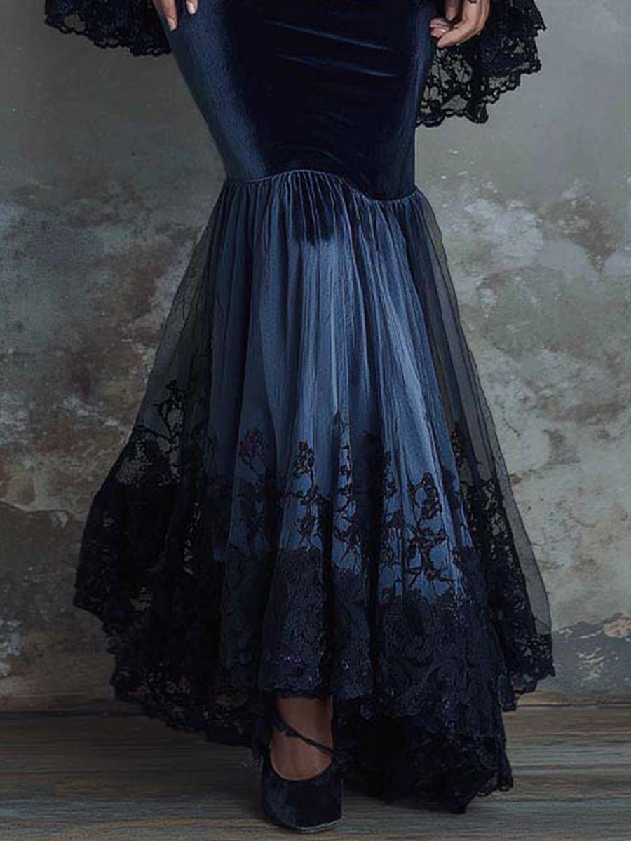 Velvet Lace-Trimmed Fishtail Maxi Dress