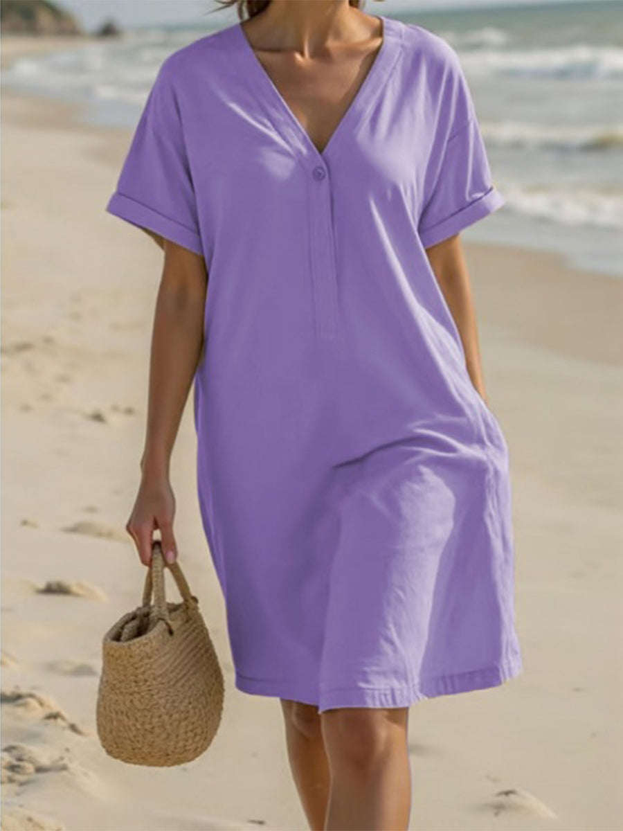 Casual V-Neck Cotton Midi Dress