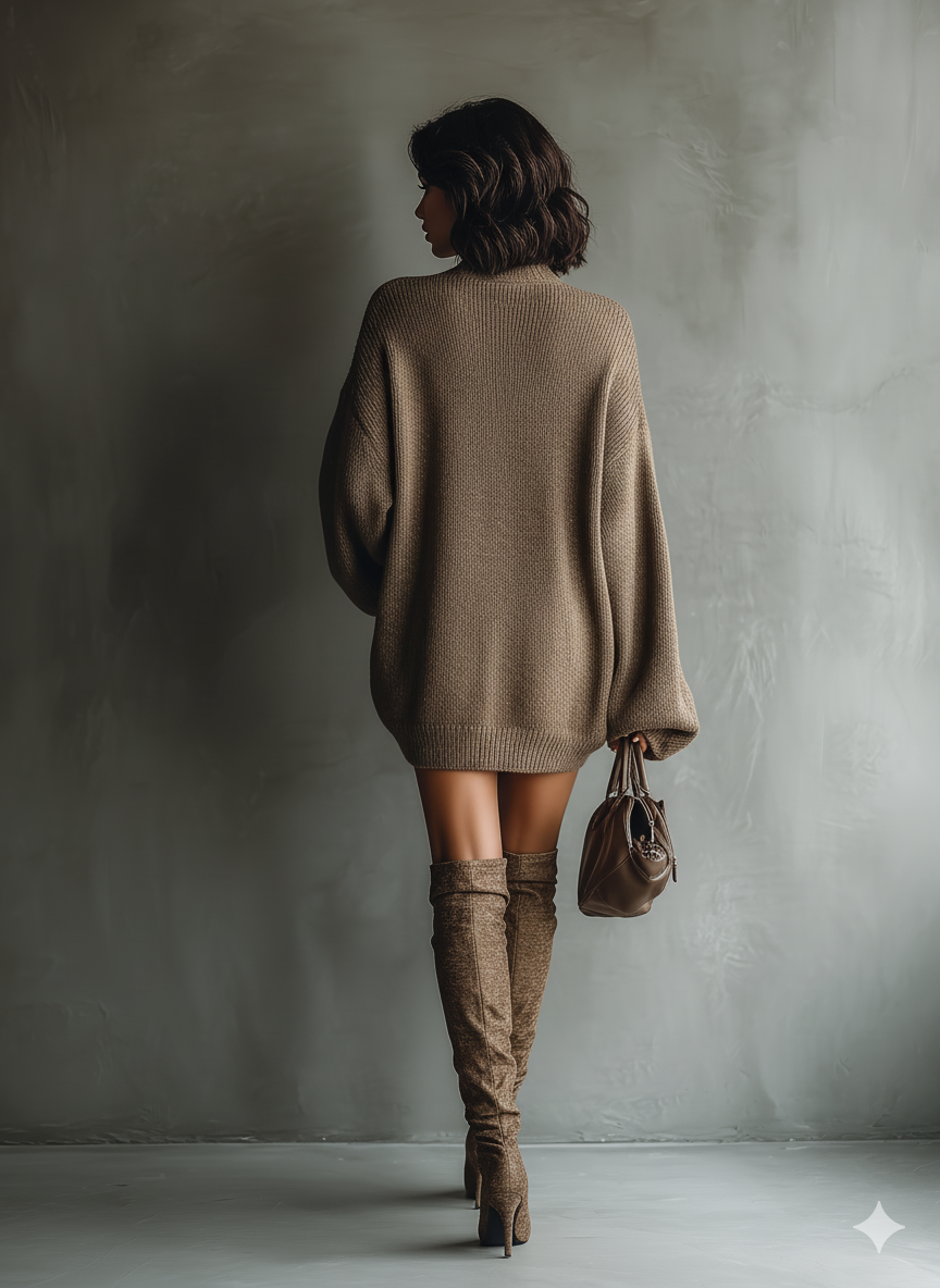 Women's Caramel Brown Vintage Style Knit Mini Dress