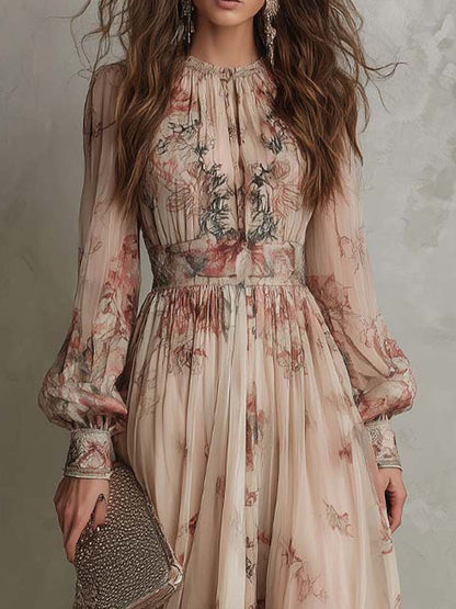 Vintage Floral Chiffon High-Neck Maxi Dress