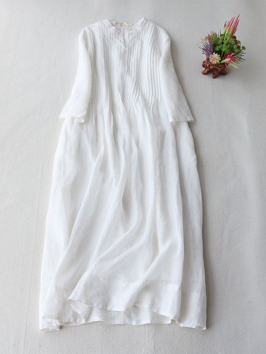 Pleated Cotton Linen Pocket Maxi Dress
