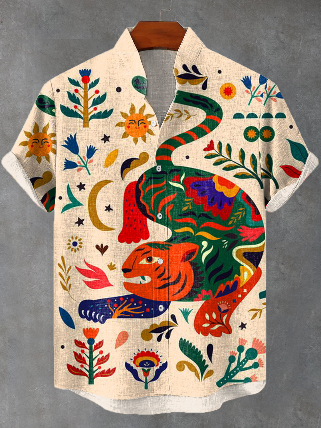 Men's Boho Tiger Resort Plants Cartoon Art Short Sleeve Linen Blend Shirt