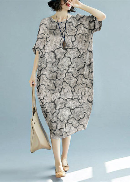 2019 grünes langes Leinenkleid in Übergröße mit O-Ausschnitt und Blumenmuster, Leinenkleidung, lässige Kurzarm-Baggy-Kleider, Leinenkaftane