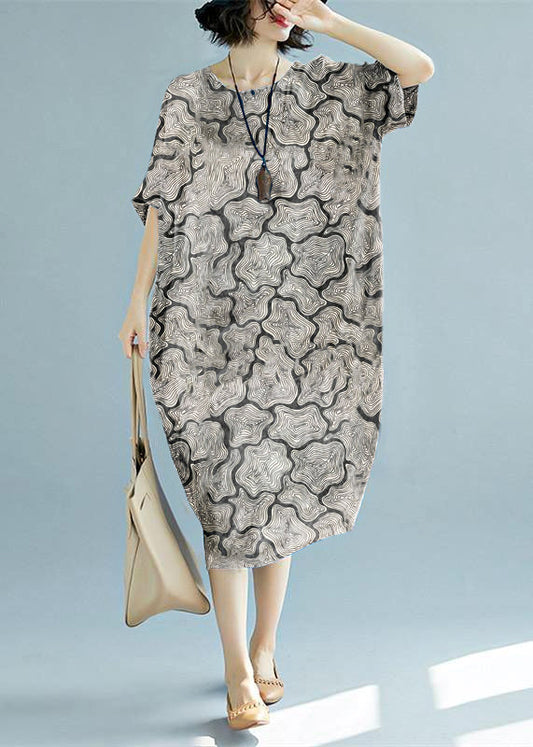 2019 grünes langes Leinenkleid in Übergröße mit O-Ausschnitt und Blumenmuster, Leinenkleidung, lässige Kurzarm-Baggy-Kleider, Leinenkaftane