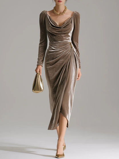 Elegant Pile Collar Velvet Midi Dress