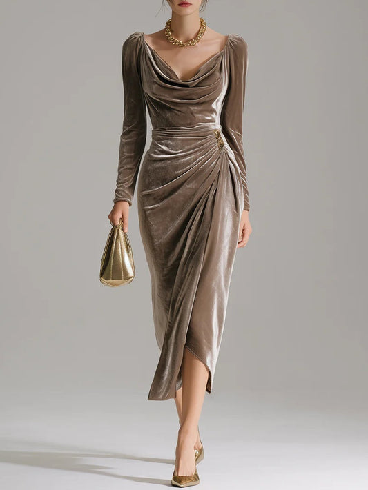 Elegant Pile Collar Velvet Midi Dress